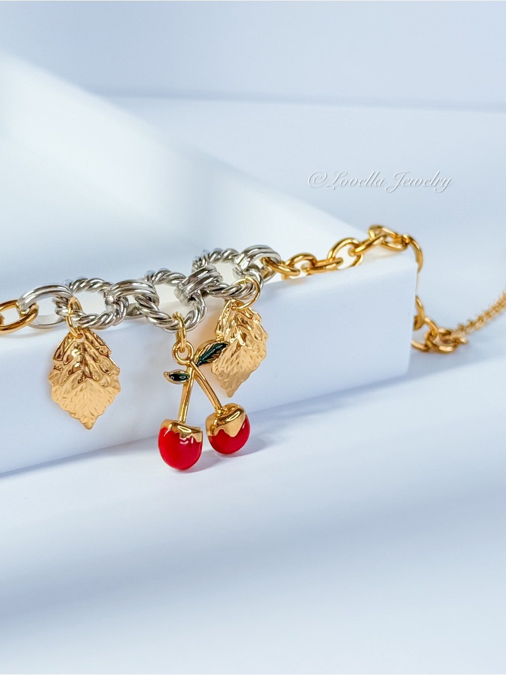 Gold & Silver Cherry Charm Bracelet with Red Enamel Cherries- Stainless Steel